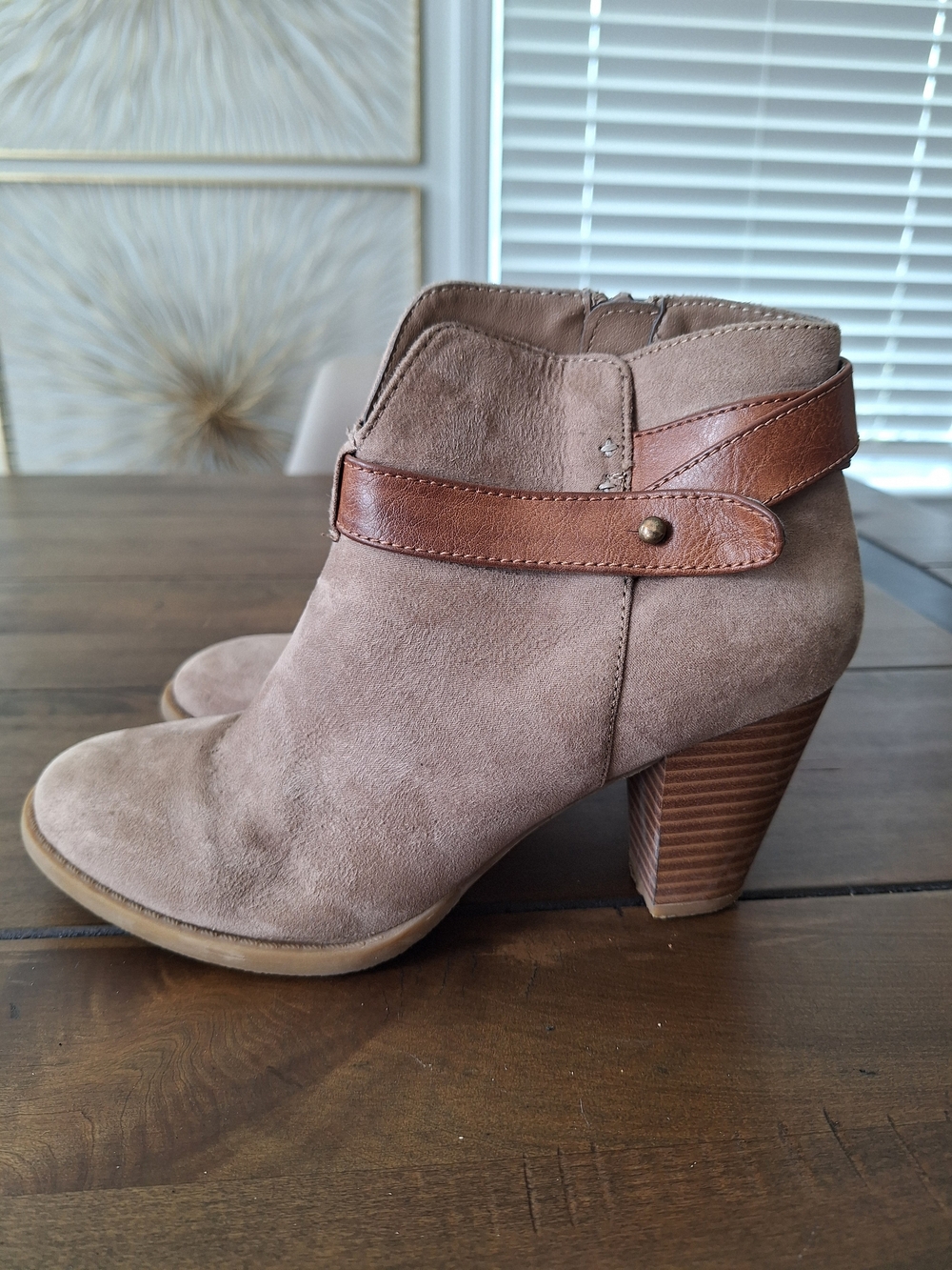 Nicole Taupe Suede Ankle Booties with Brown Strap - Picture 4 of 7